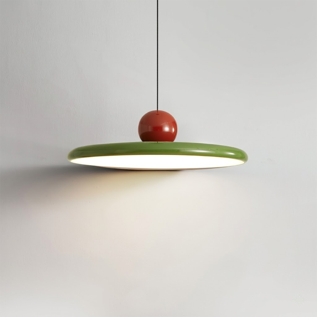 Modern disc pendant light with red sphere accent, minimalist retro LED hanging ceiling lamp by Stuber Lighting