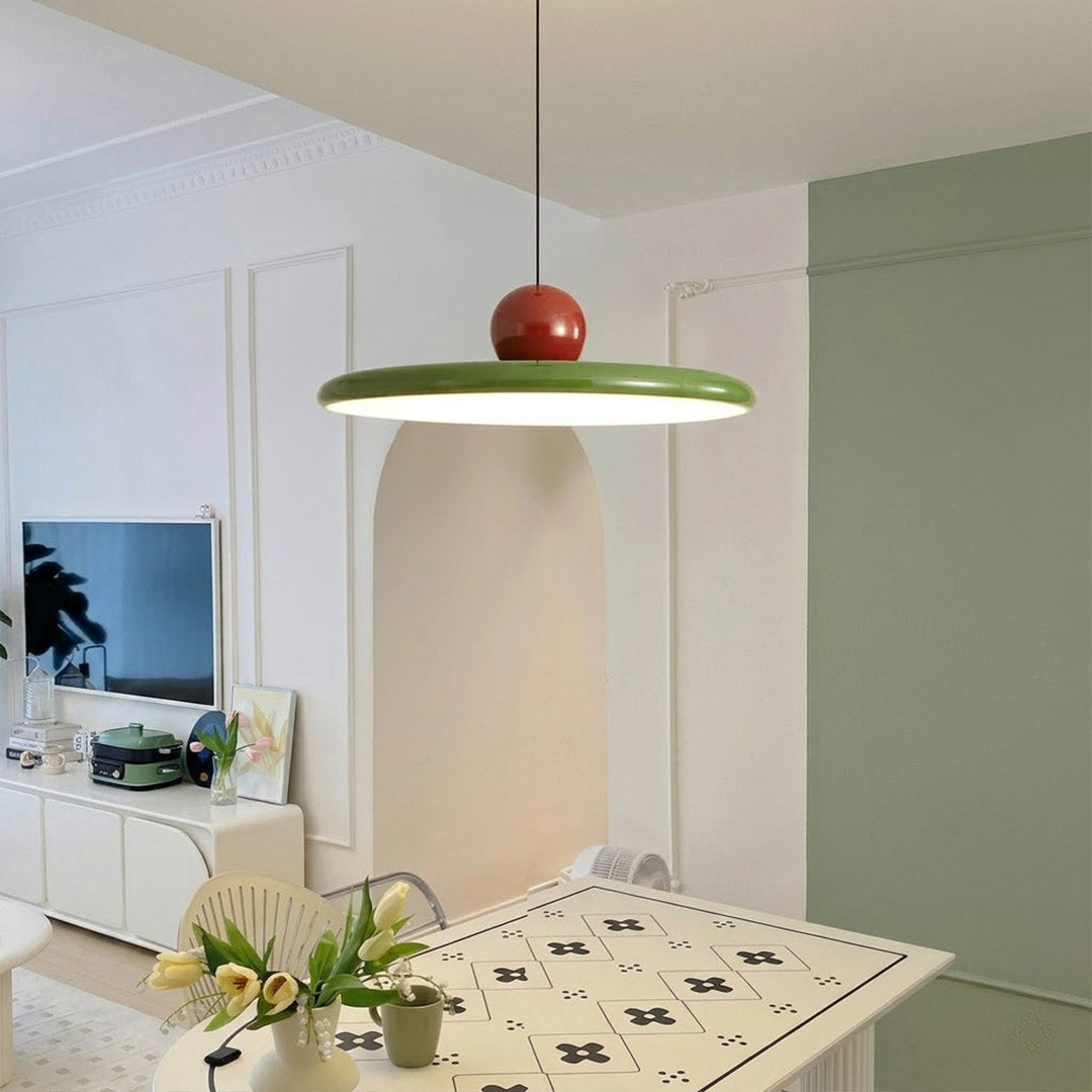 Modern disc pendant light with red sphere accent, minimalist retro LED hanging ceiling lamp by Stuber Lighting