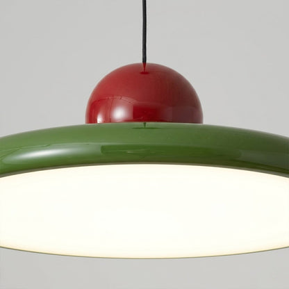 Modern disc pendant light with red sphere accent, minimalist retro LED hanging ceiling lamp by Stuber Lighting