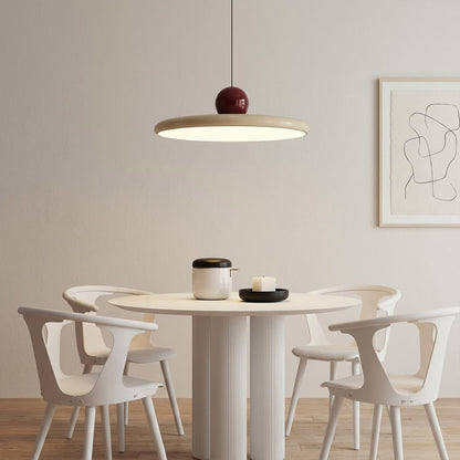 Modern disc pendant light with red sphere accent, minimalist retro LED hanging ceiling lamp by Stuber Lighting