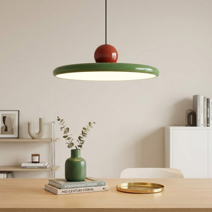 Modern disc pendant light with red sphere accent, minimalist retro LED hanging ceiling lamp by Stuber Lighting
