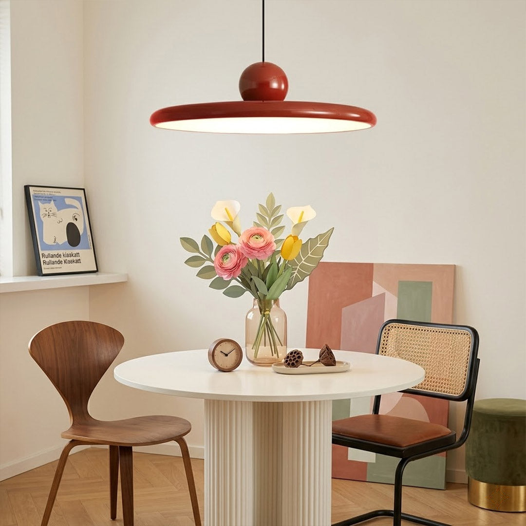 Modern disc pendant light with red sphere accent, minimalist retro LED hanging ceiling lamp by Stuber Lighting