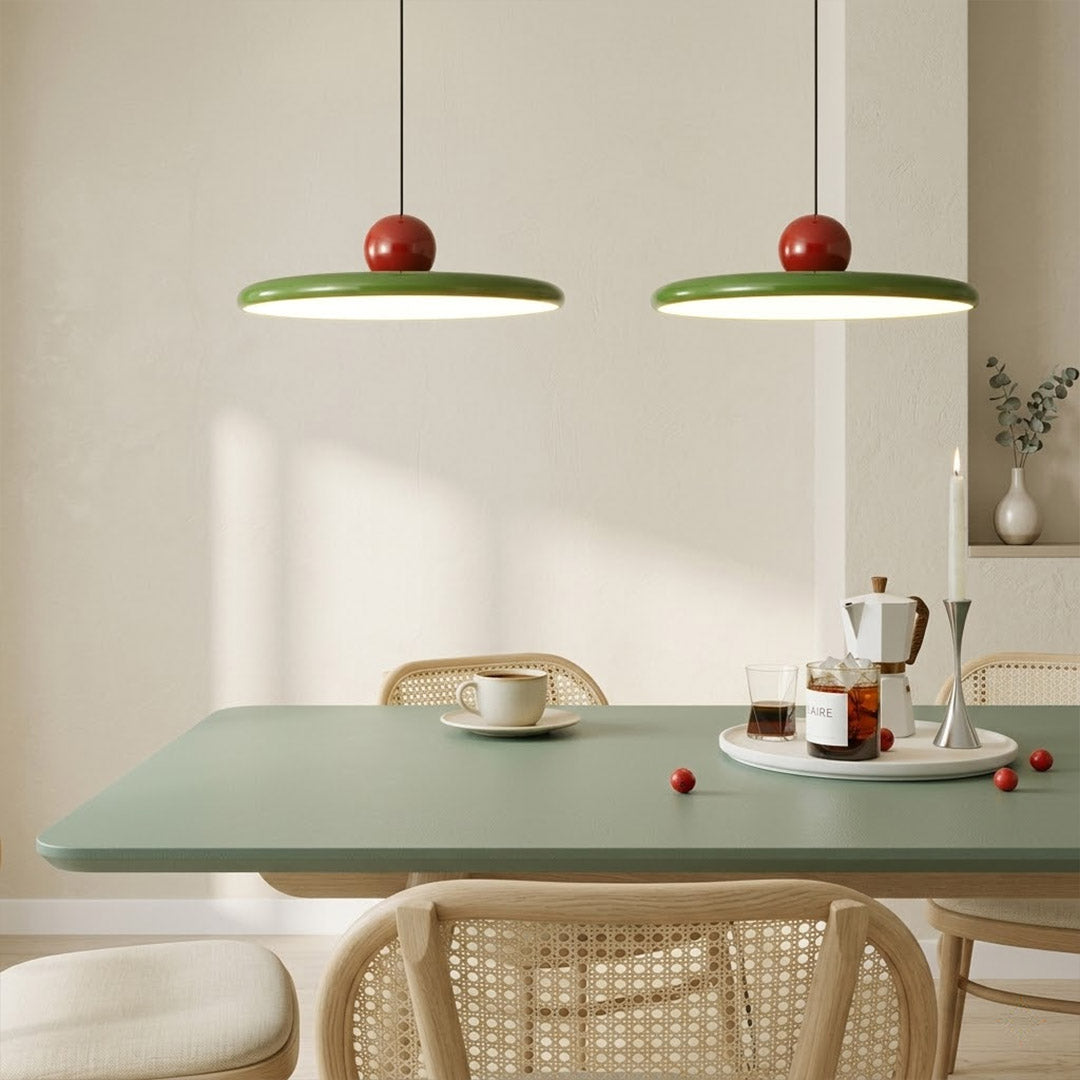 Modern disc pendant light with red sphere accent, minimalist retro LED hanging ceiling lamp by Stuber Lighting