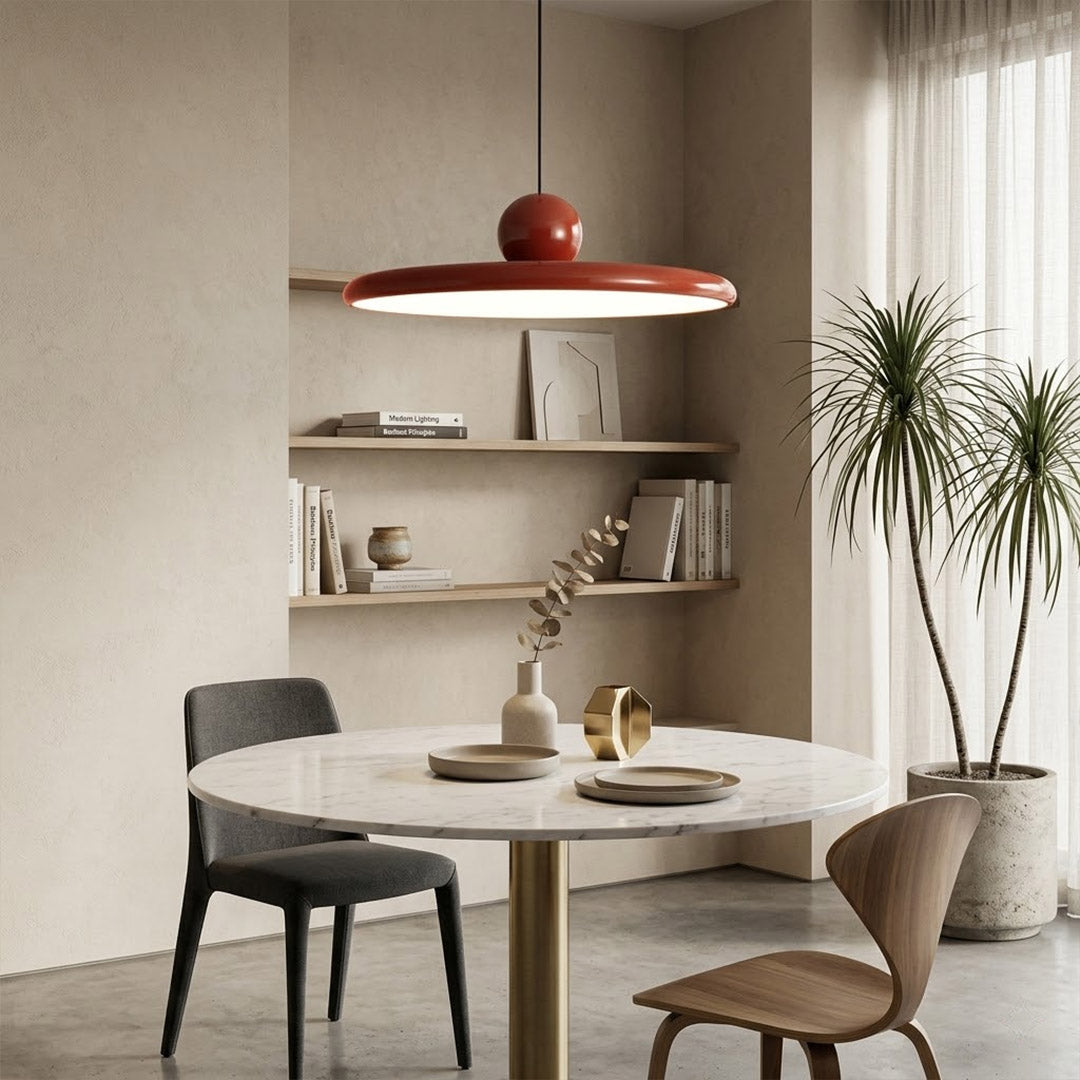 Modern disc pendant light with red sphere accent, minimalist retro LED hanging ceiling lamp by Stuber Lighting