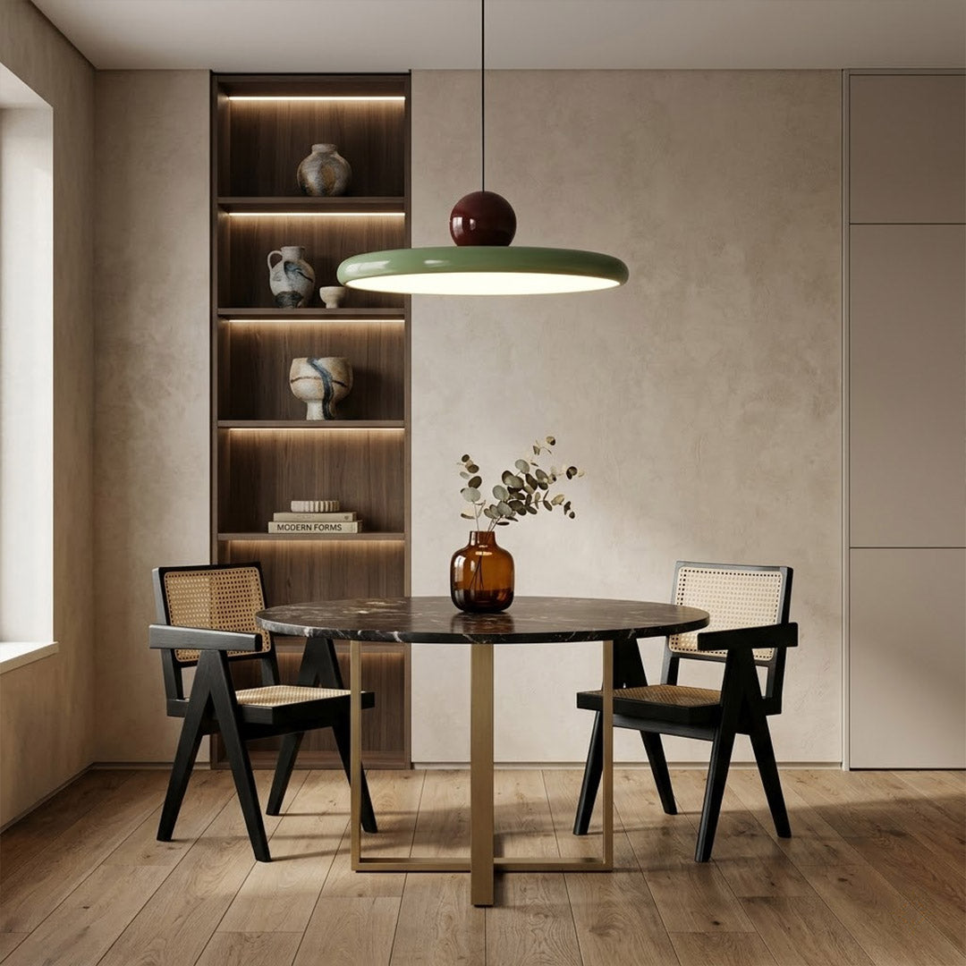 Modern disc pendant light with red sphere accent, minimalist retro LED hanging ceiling lamp by Stuber Lighting