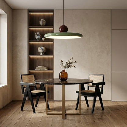 Modern disc pendant light with red sphere accent, minimalist retro LED hanging ceiling lamp by Stuber Lighting