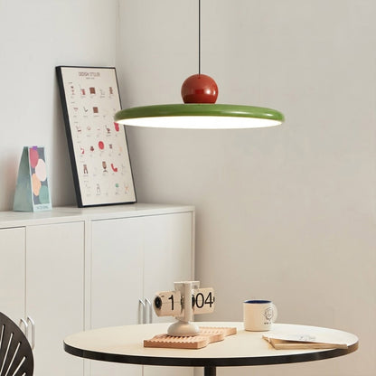 Modern disc pendant light with red sphere accent, minimalist retro LED hanging ceiling lamp by Stuber Lighting