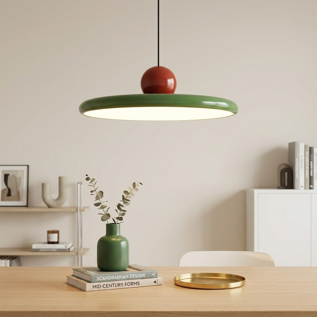 Modern disc pendant light with red sphere accent, minimalist retro LED hanging ceiling lamp by Stuber Lighting
