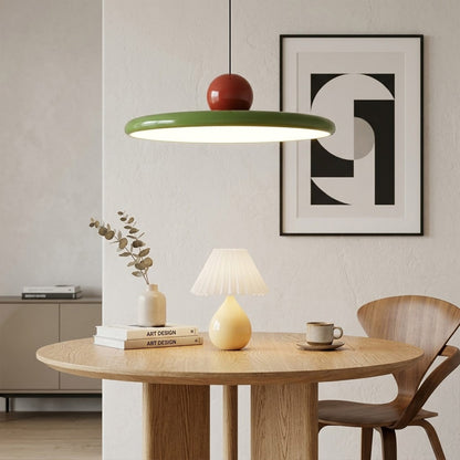 Modern disc pendant light with red sphere accent, minimalist retro LED hanging ceiling lamp by Stuber Lighting