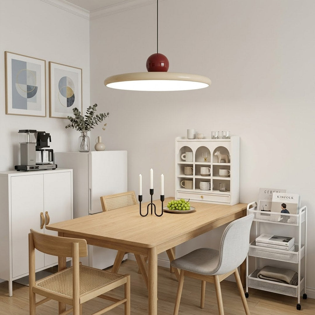 Modern disc pendant light with red sphere accent, minimalist retro LED hanging ceiling lamp by Stuber Lighting