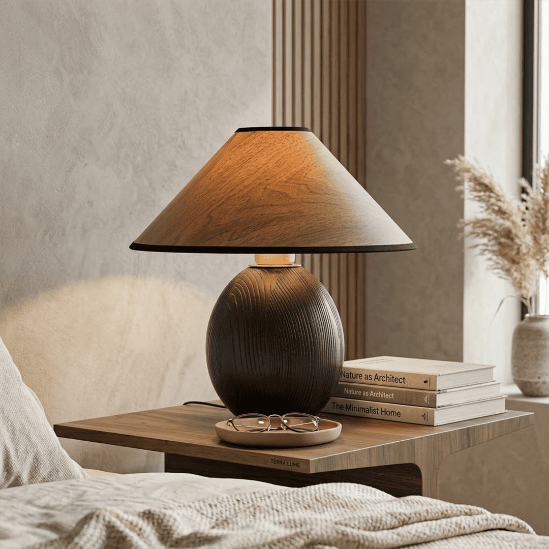 Penna wood table lamp switched on warm light glow bedside nightstand