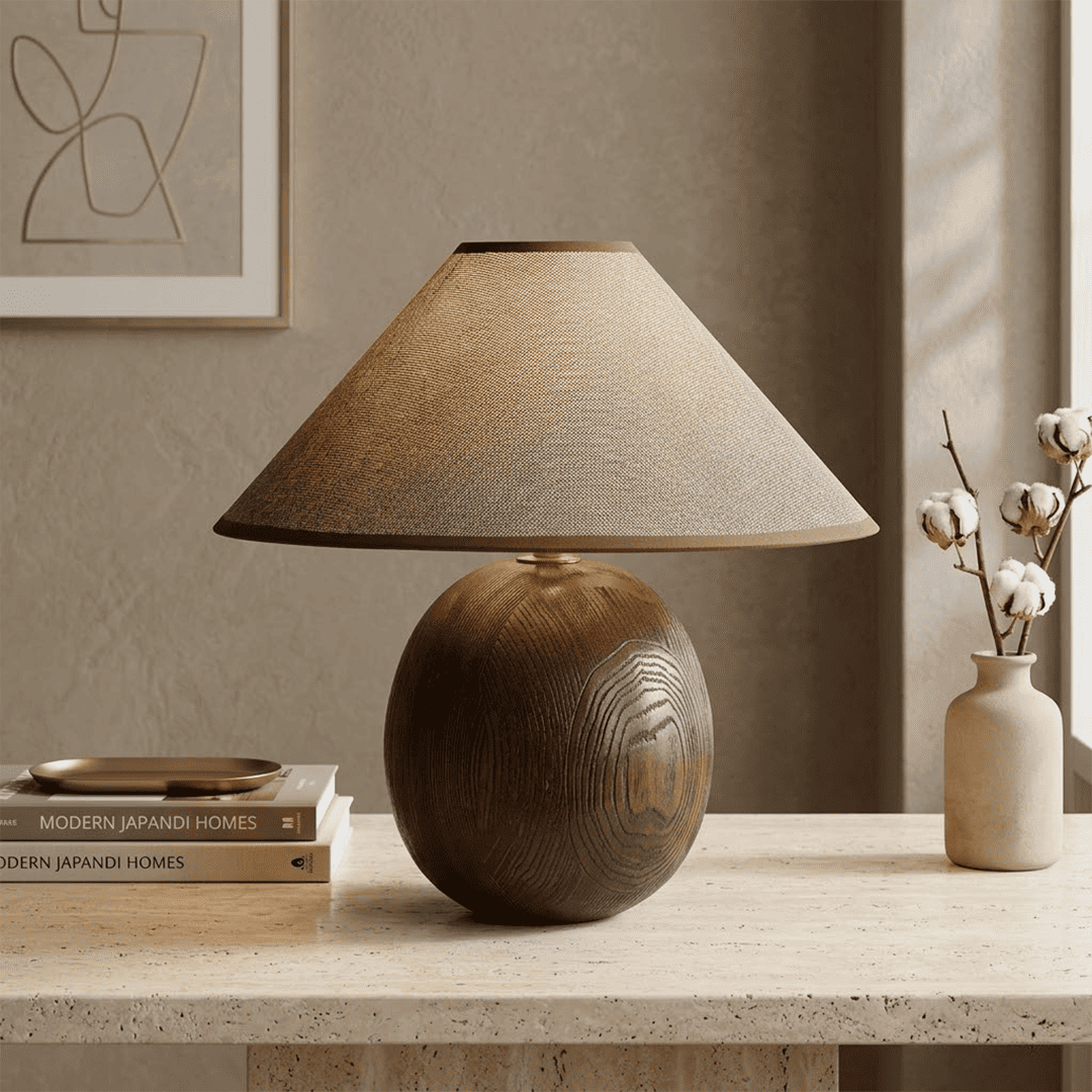 Penna wood table lamp switched on warm light glow bedside nightstand