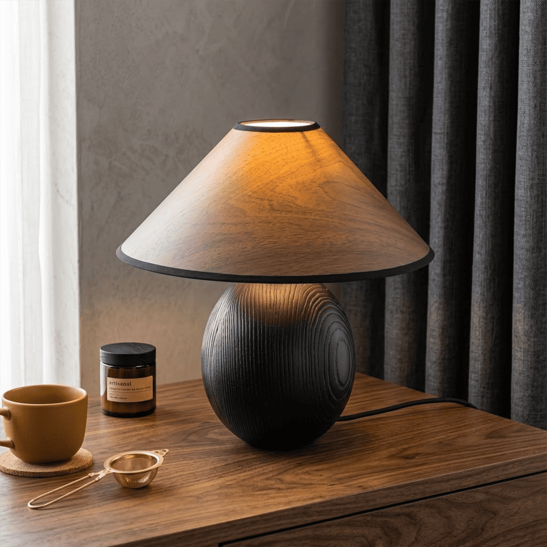 Penna wood table lamp switched on warm light glow bedside nightstand