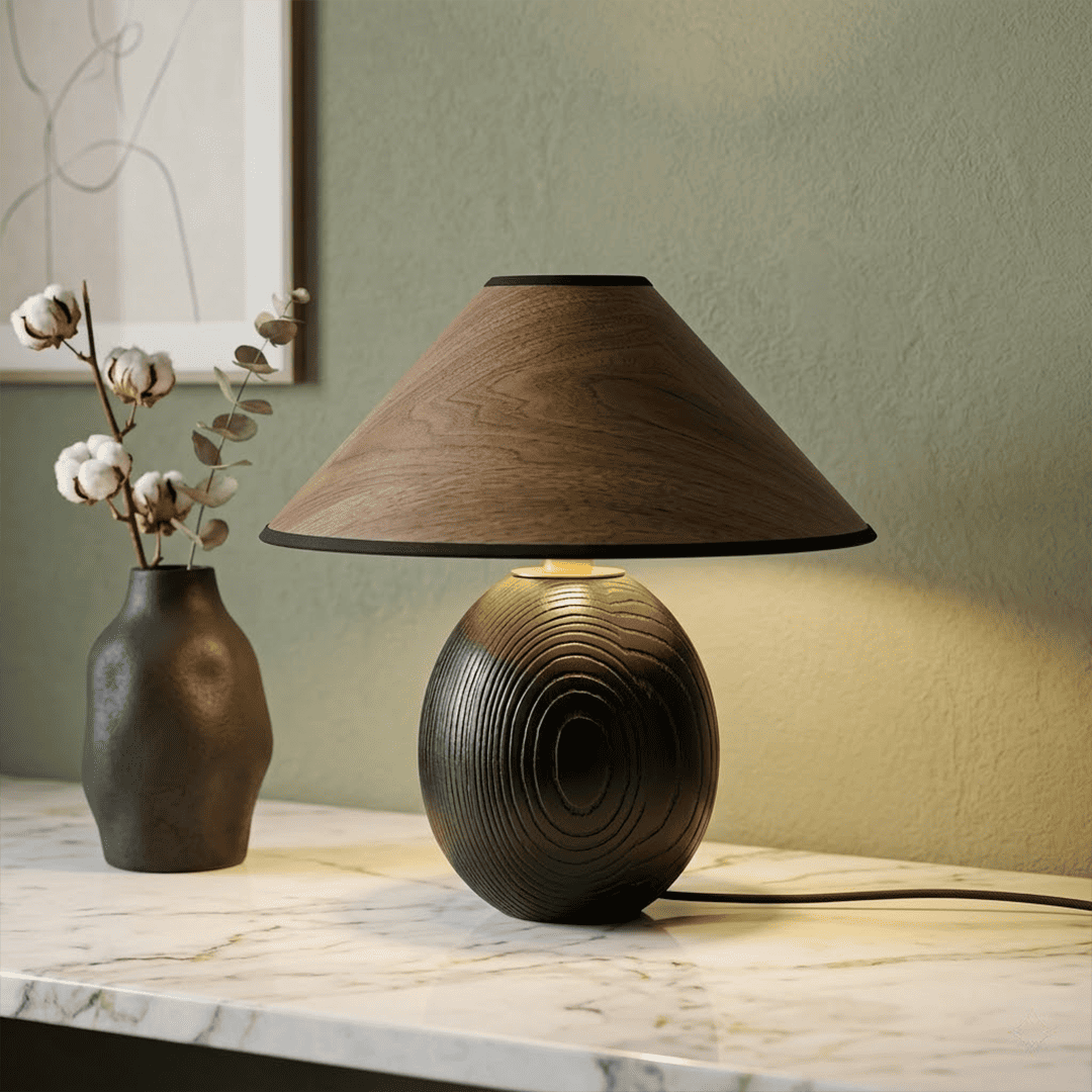 Penna wood table lamp switched on warm light glow bedside nightstand