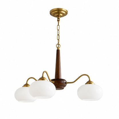 Persimmon 3-light walnut copper finish chandelier opal glass globes white background