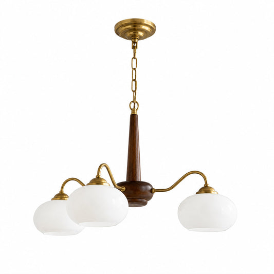 Persimmon 3-light walnut copper finish chandelier opal glass globes white background