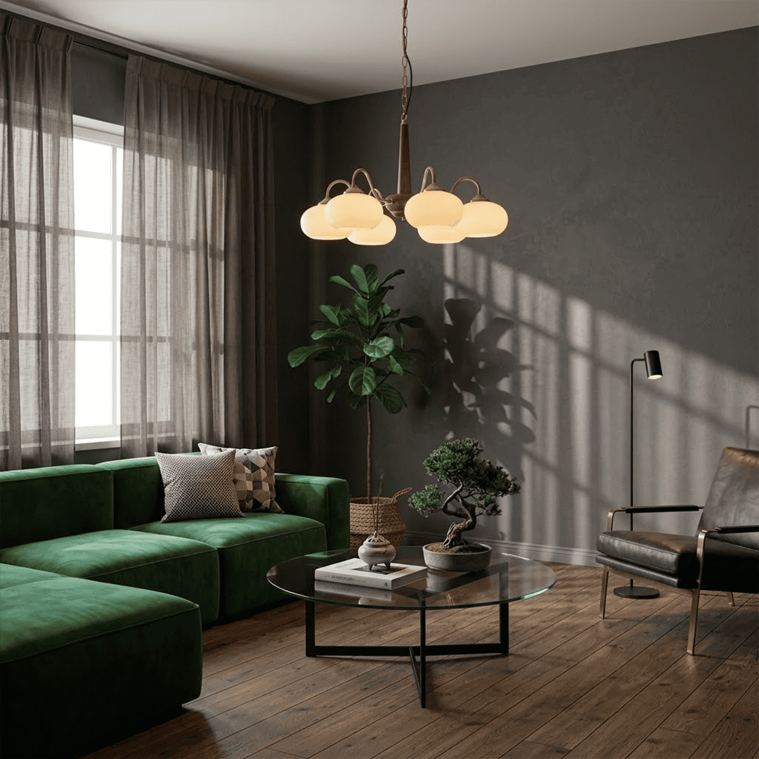 Persimmon 6-light walnut copper finish chandelier opal glass globes white background