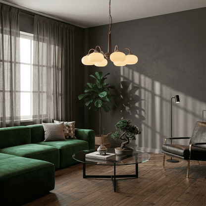 Persimmon 6-light walnut copper finish chandelier opal glass globes white background