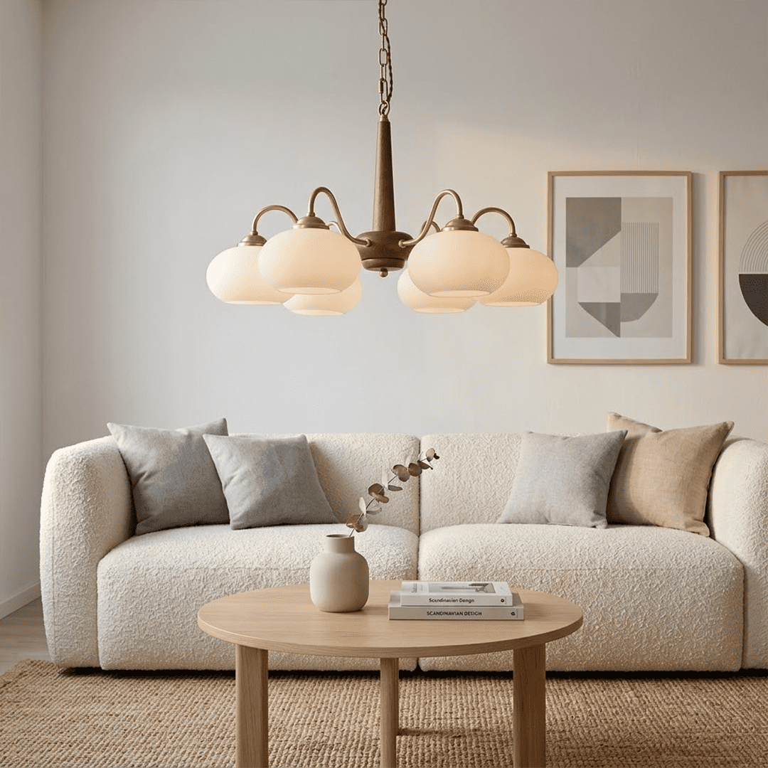 Persimmon 6-light walnut copper finish chandelier opal glass globes white background
