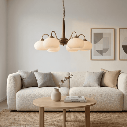 Persimmon 6-light walnut copper finish chandelier opal glass globes white background