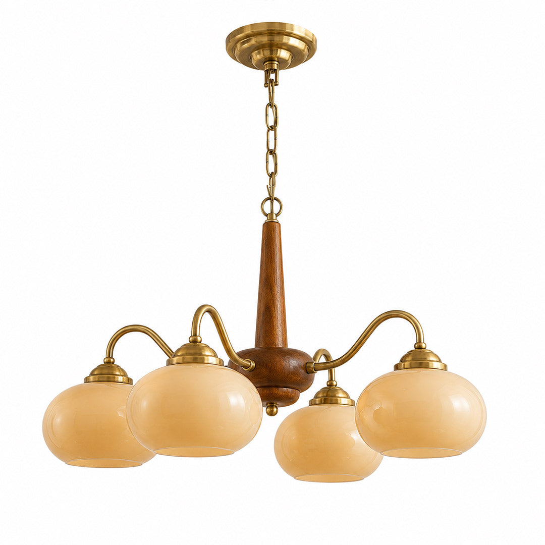 Persimmon 4-light walnut copper finish chandelier opal glass globes white background