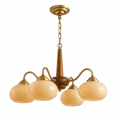 Persimmon 4-light walnut copper finish chandelier opal glass globes white background