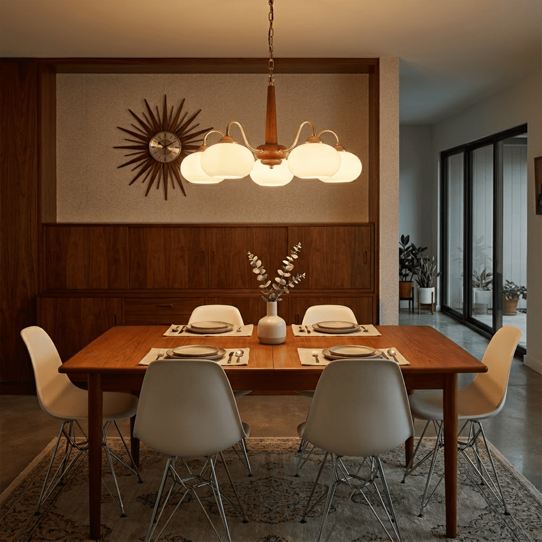 Persimmon 6-light walnut copper finish chandelier opal glass globes white background