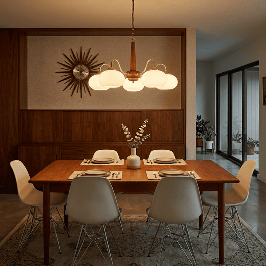 Persimmon 6-light walnut copper finish chandelier opal glass globes white background