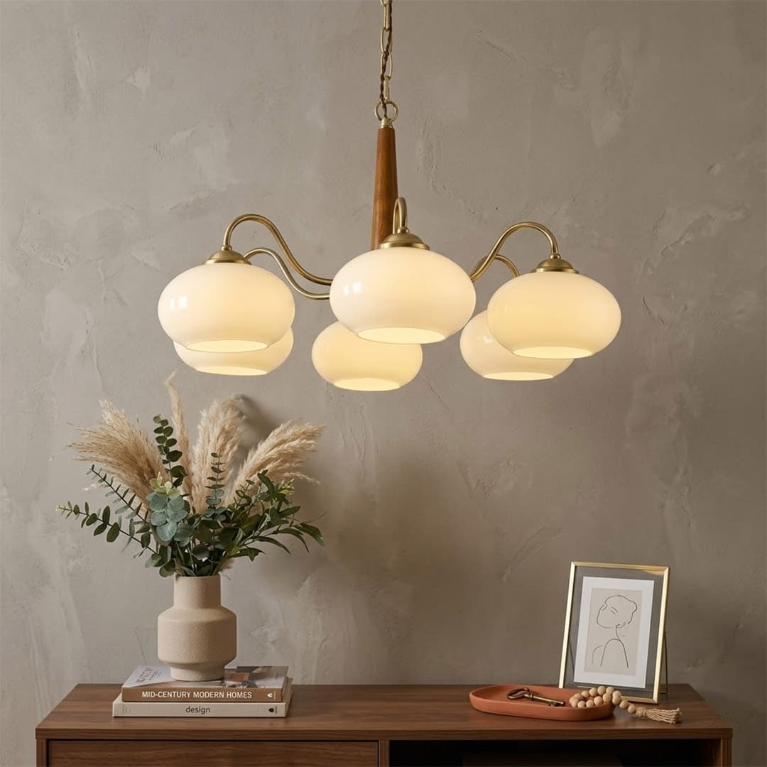 Persimmon 6-light walnut copper finish chandelier opal glass globes white background