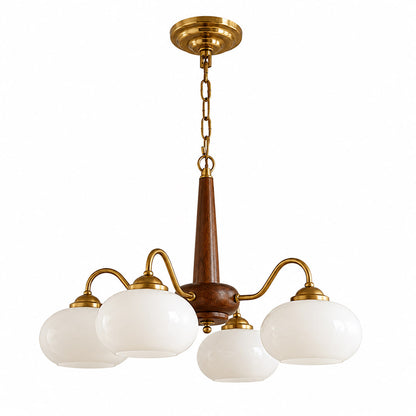 Persimmon 4-light walnut copper finish chandelier opal glass globes white background
