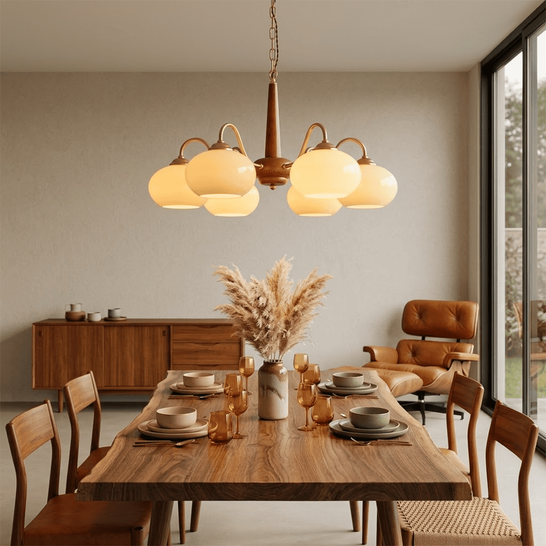 Persimmon 6-light walnut copper finish chandelier opal glass globes white background