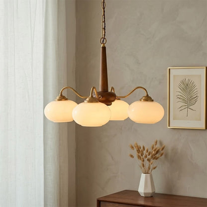 Persimmon 4-light walnut copper finish chandelier opal glass globes white background