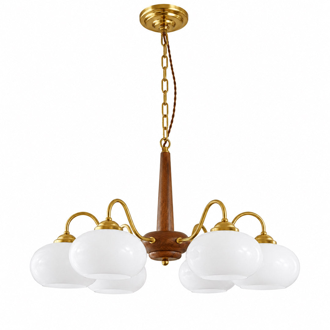 Persimmon 6-light walnut copper finish chandelier opal glass globes white background
