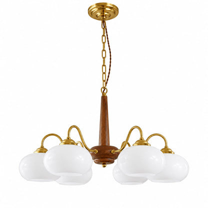 Persimmon 6-light walnut copper finish chandelier opal glass globes white background