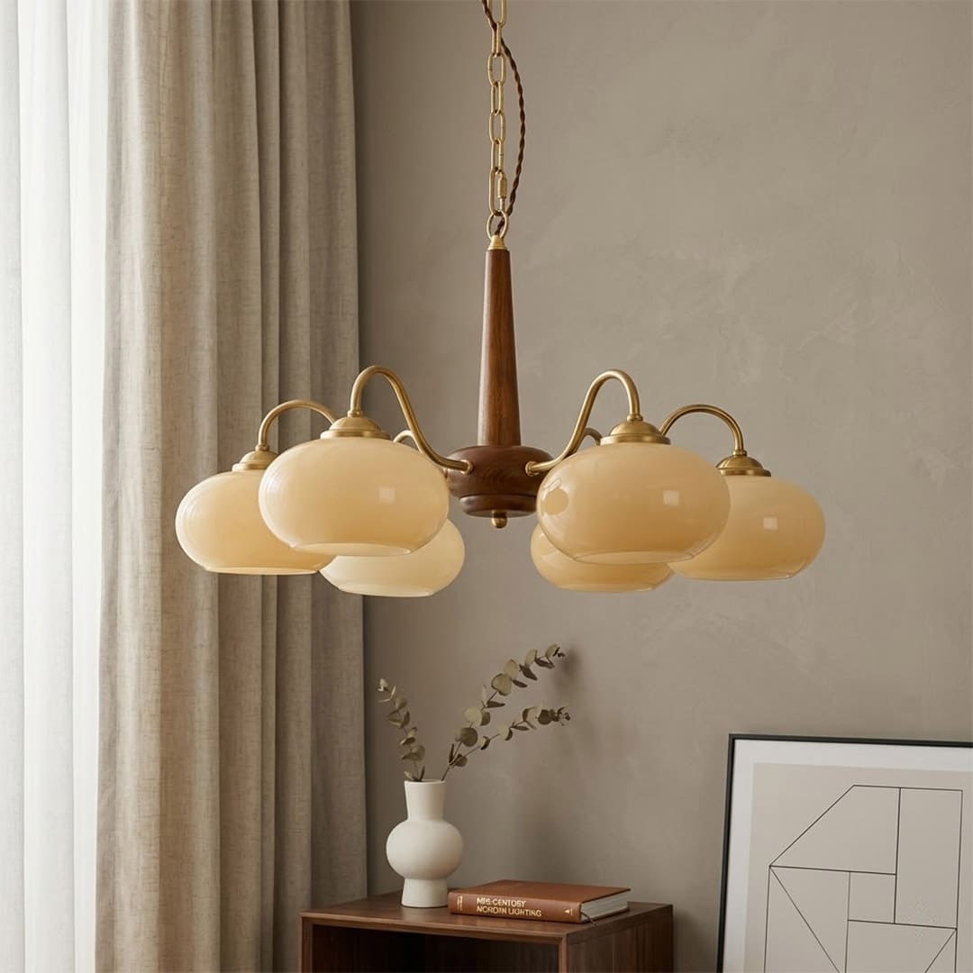 Persimmon 6-light walnut copper finish chandelier opal glass globes white background