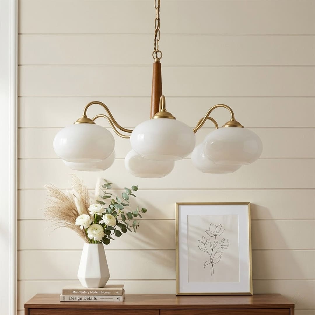 Persimmon 6-light walnut copper finish chandelier opal glass globes white background