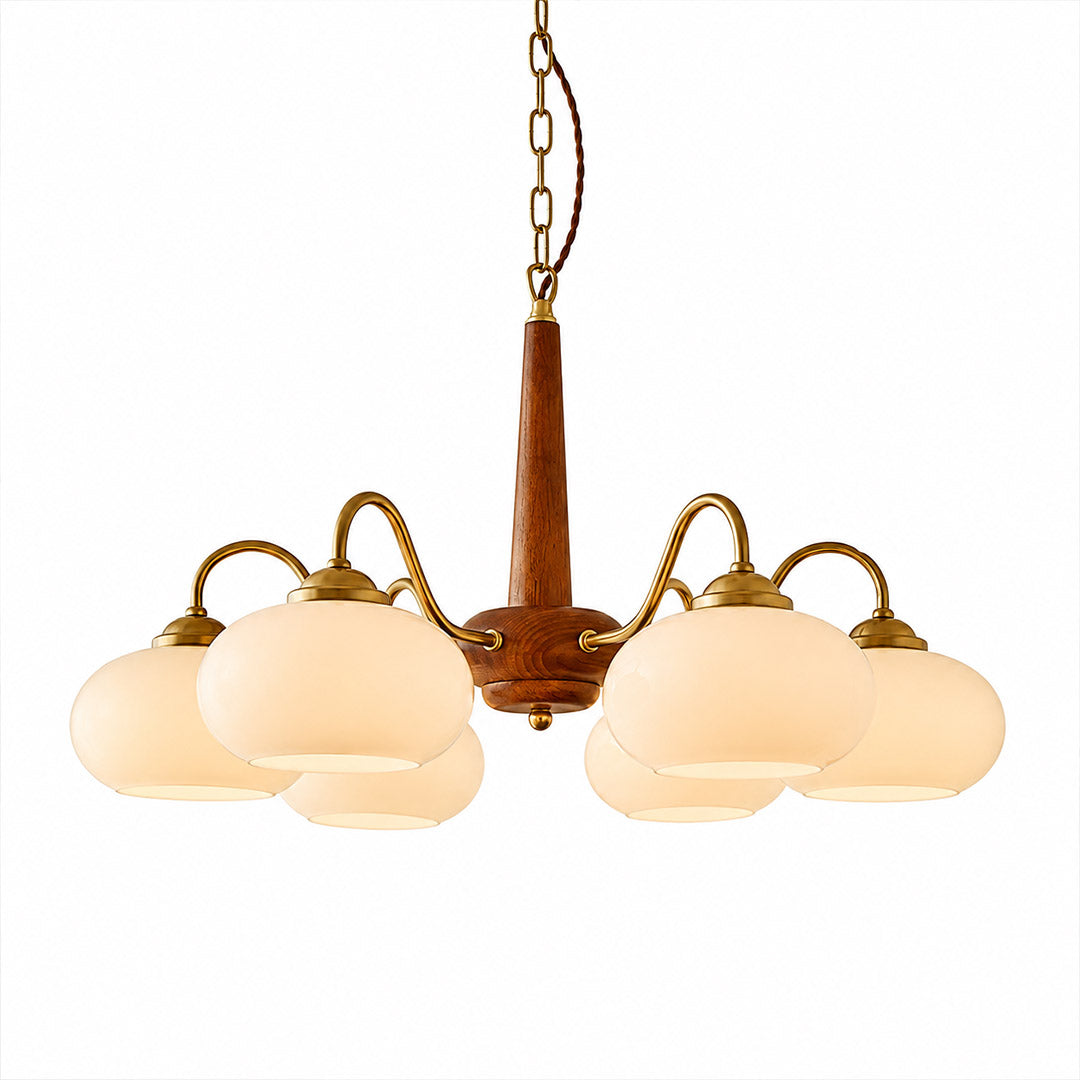 Persimmon 6-light walnut copper finish chandelier opal glass globes white background