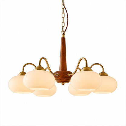 Persimmon 6-light walnut copper finish chandelier opal glass globes white background