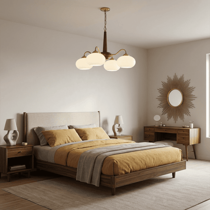 Persimmon 4-light walnut copper finish chandelier opal glass globes white background