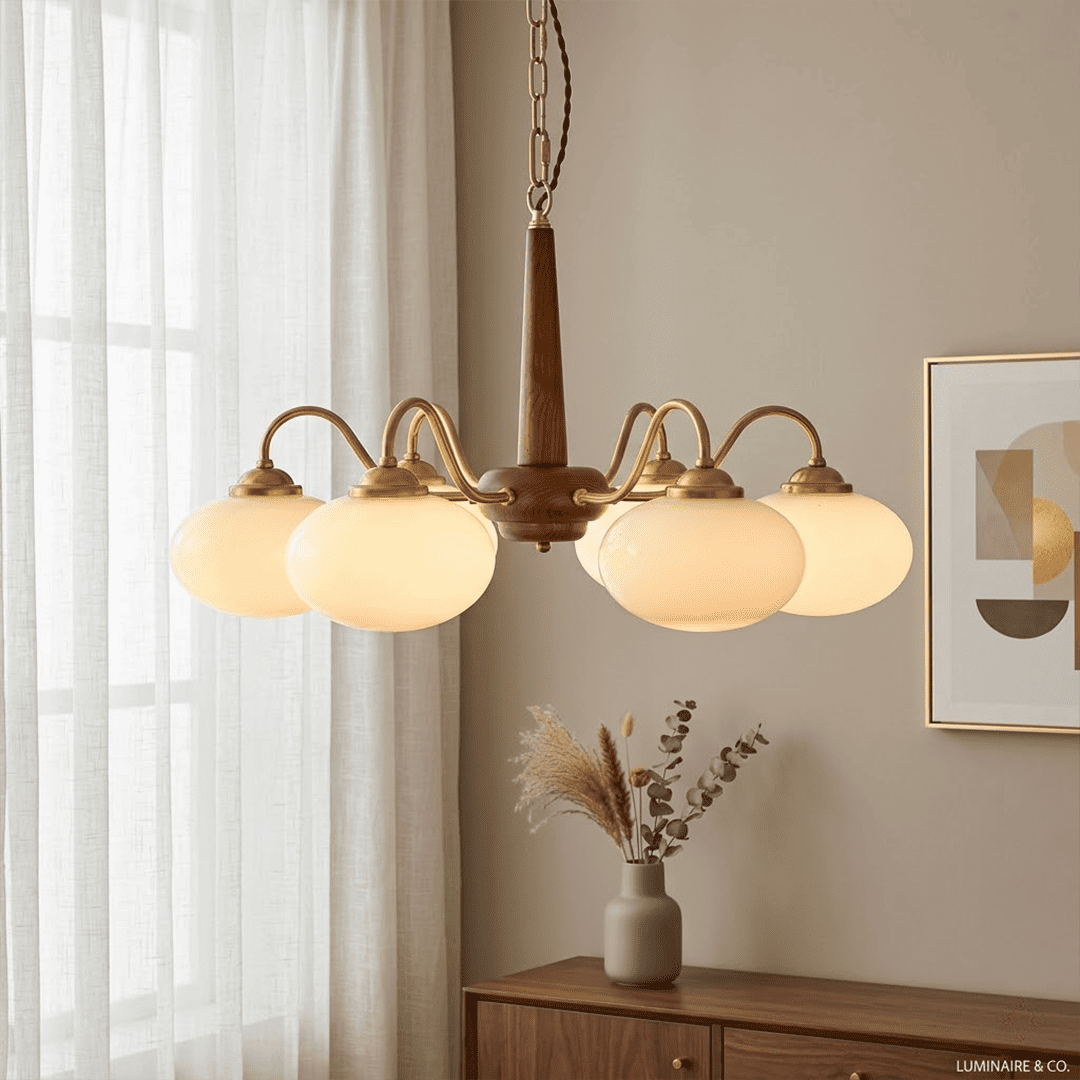 Persimmon 6-light walnut copper finish chandelier opal glass globes white background
