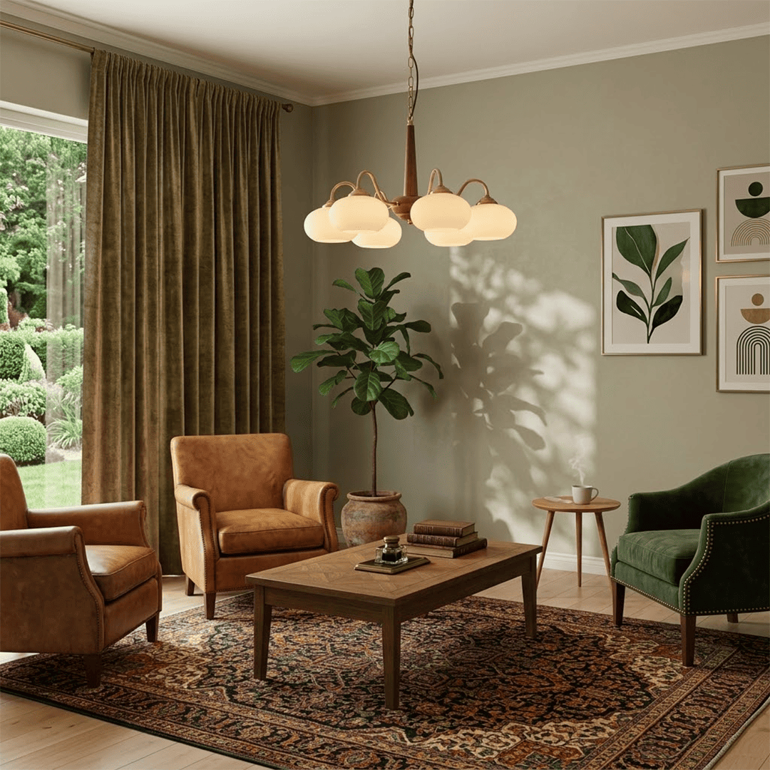 Persimmon 6-light walnut copper finish chandelier opal glass globes white background