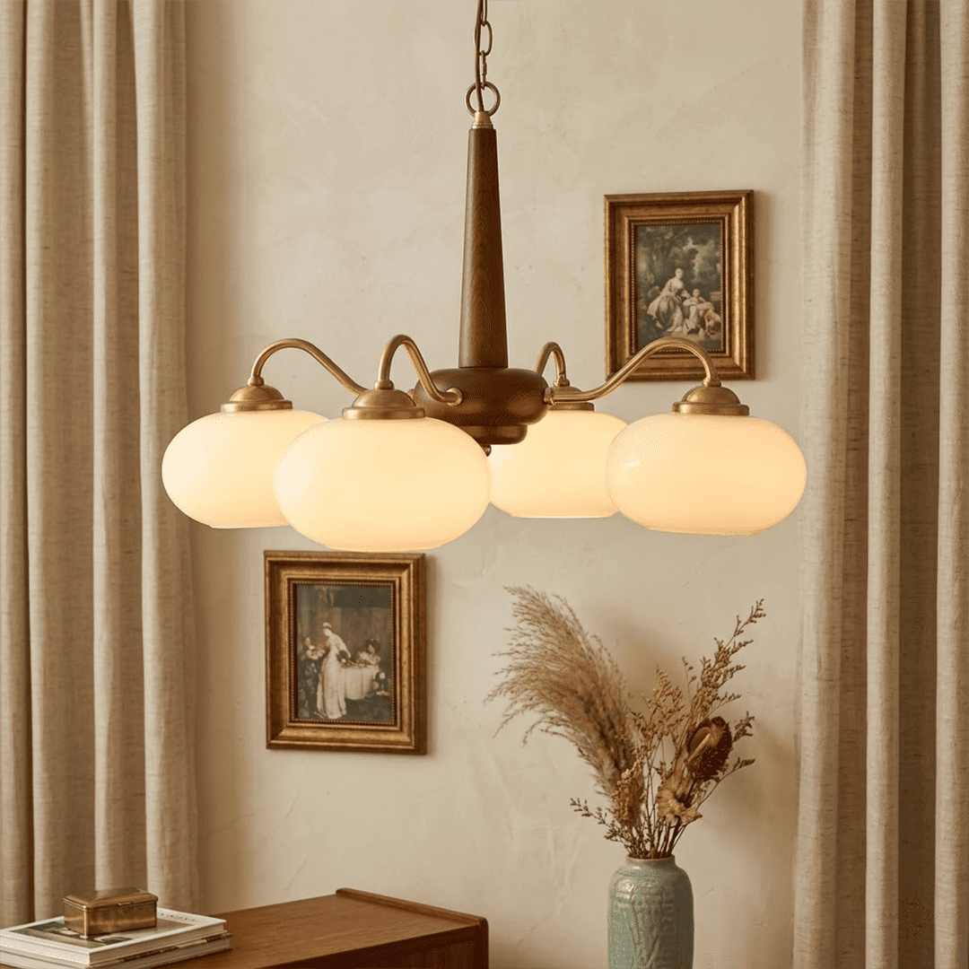 Persimmon 4-light walnut copper finish chandelier opal glass globes white background