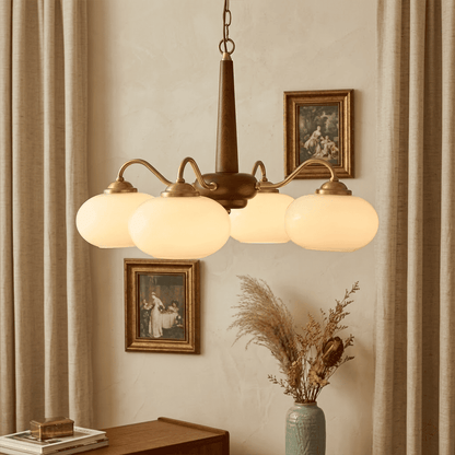 Persimmon 4-light walnut copper finish chandelier opal glass globes white background