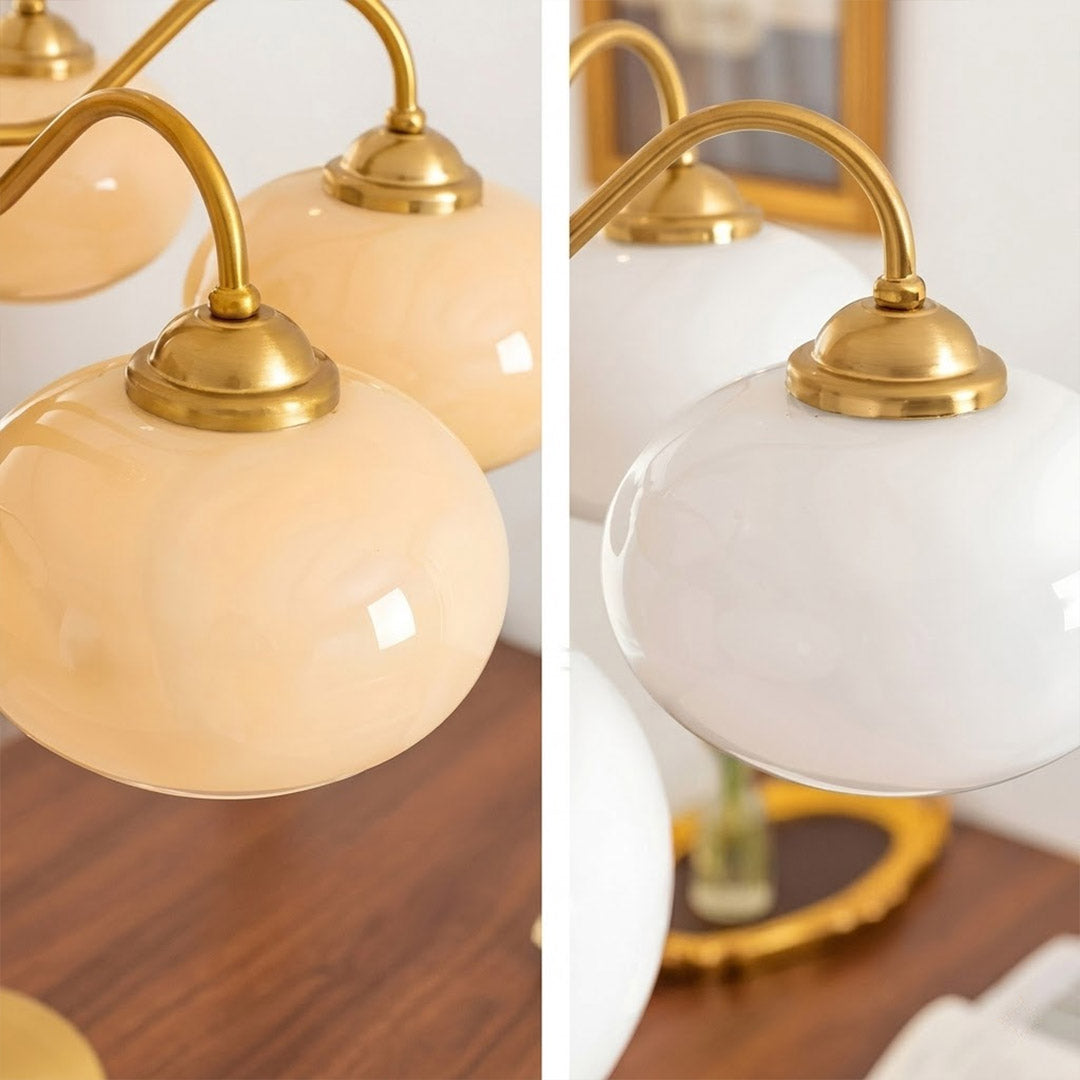 Persimmon 6-light walnut copper finish chandelier opal glass globes white background