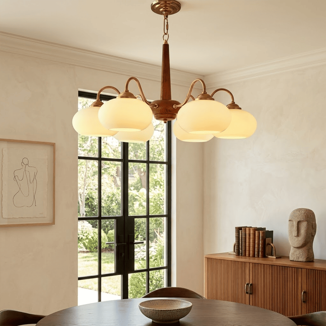 Persimmon 6-light walnut copper finish chandelier opal glass globes white background