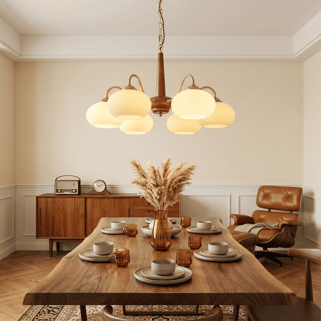 Persimmon 6-light walnut copper finish chandelier opal glass globes white background