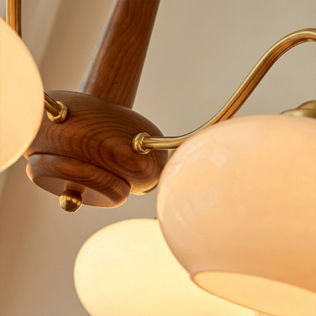 Persimmon 6-light walnut copper finish chandelier opal glass globes white background