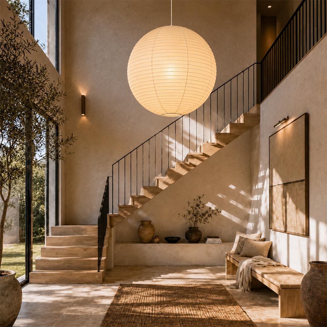 Large Washi paper sphere pendant light hanging in a minimalist Japandi style bedroom with warm light.