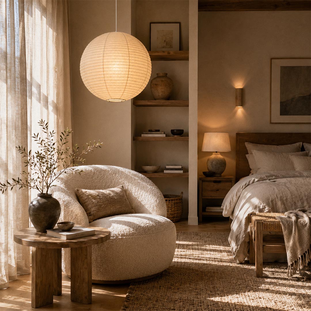 Large Washi paper sphere pendant light hanging in a minimalist Japandi style bedroom with warm light.