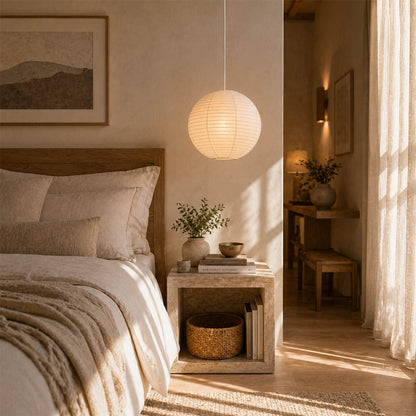 Large Washi paper sphere pendant light hanging in a minimalist Japandi style bedroom with warm light.